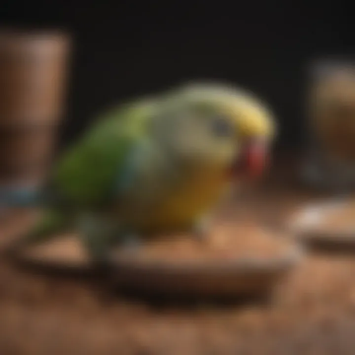 Parakeet enjoying a bowl of pellets