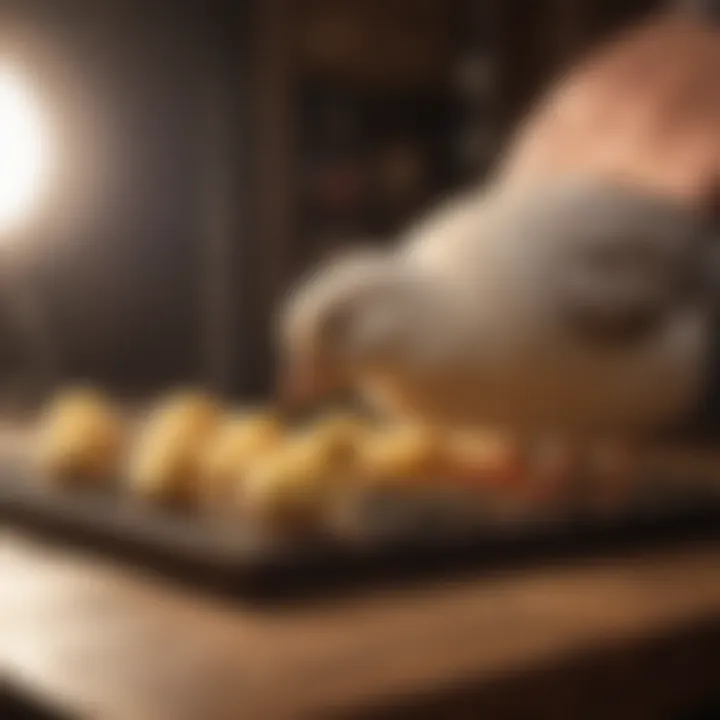 Pet owner adjusting a chick brooder heater for comfort.