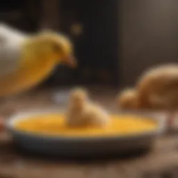 Close-up of a chick feeder filled with feed