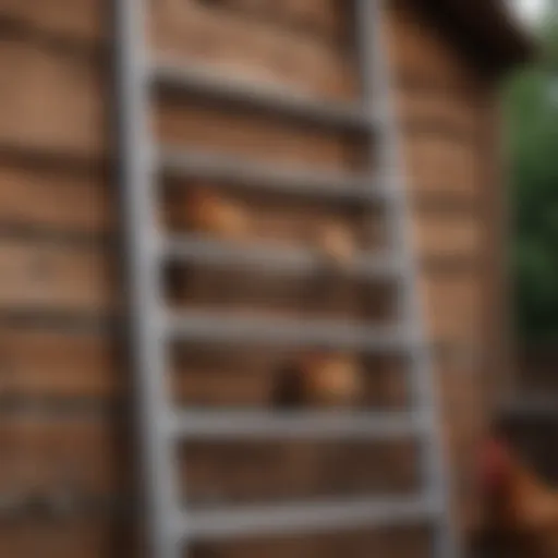 A well-constructed chicken coop ladder with multiple rungs leading to a roost.