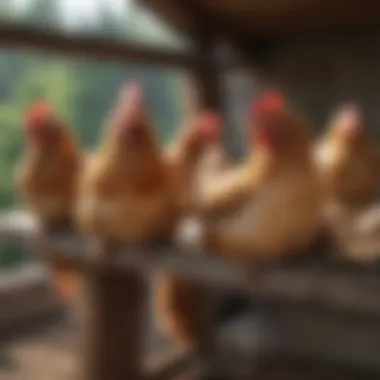Chickens on a Roost Chickens resting on a sturdy roosting bar within a cozy chicken coop.