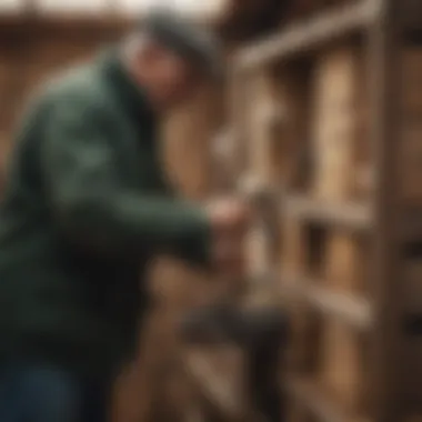 Inspection of Nesting Boxes A farmer inspecting nesting boxes for maintenance
