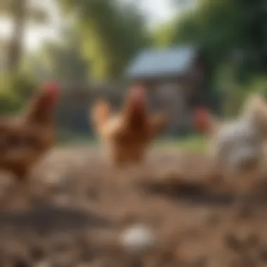 Chickens Enjoying Scratch Feed Outdoors Healthy chickens foraging and consuming scratch feed in a yard
