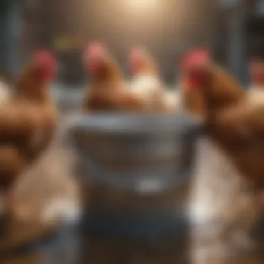 Illustration of chickens using a waterer bucket with nipples, highlighting hydration