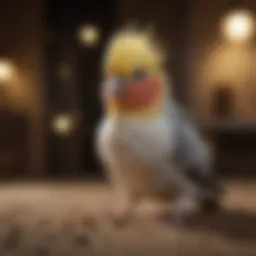 Cockatiel experiencing night fright in a dimly lit environment