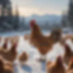 A variety of cold hardy chicken breeds in a snowy landscape.