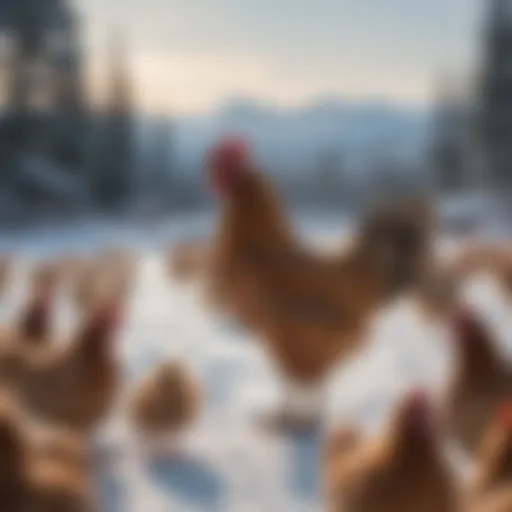 A variety of cold hardy chicken breeds in a snowy landscape.