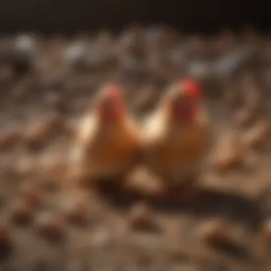 Healthy Poultry in Optimal Litter Close-up of healthy poultry on a clean litter bed showing vibrant feathers and active behavior.