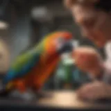 A colorful parrot being examined by a veterinarian in a clinical setting