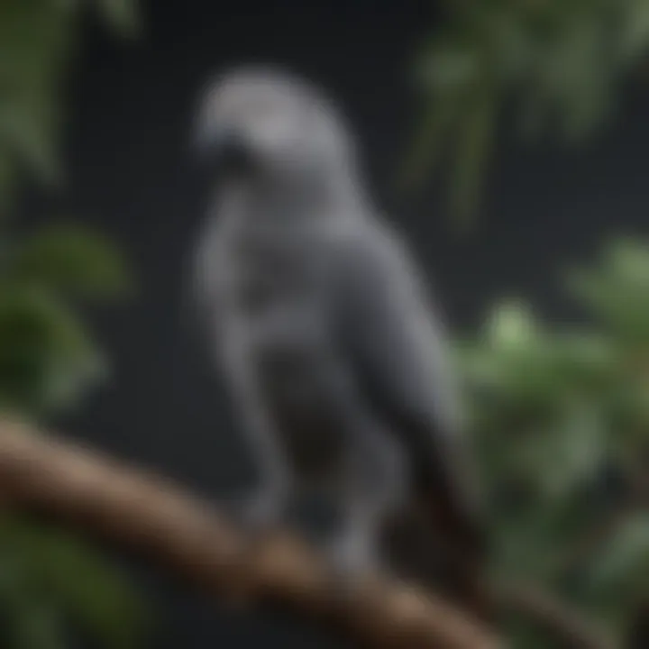 A stunning African gray parrot perched on a branch, showcasing its vibrant feathers and intelligent demeanor.