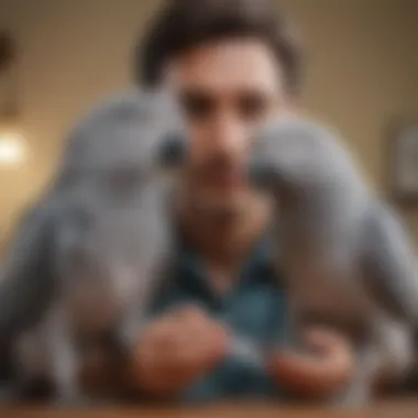 A veterinarian examining a gray parrot, highlighting the importance of regular health check-ups for pet birds.