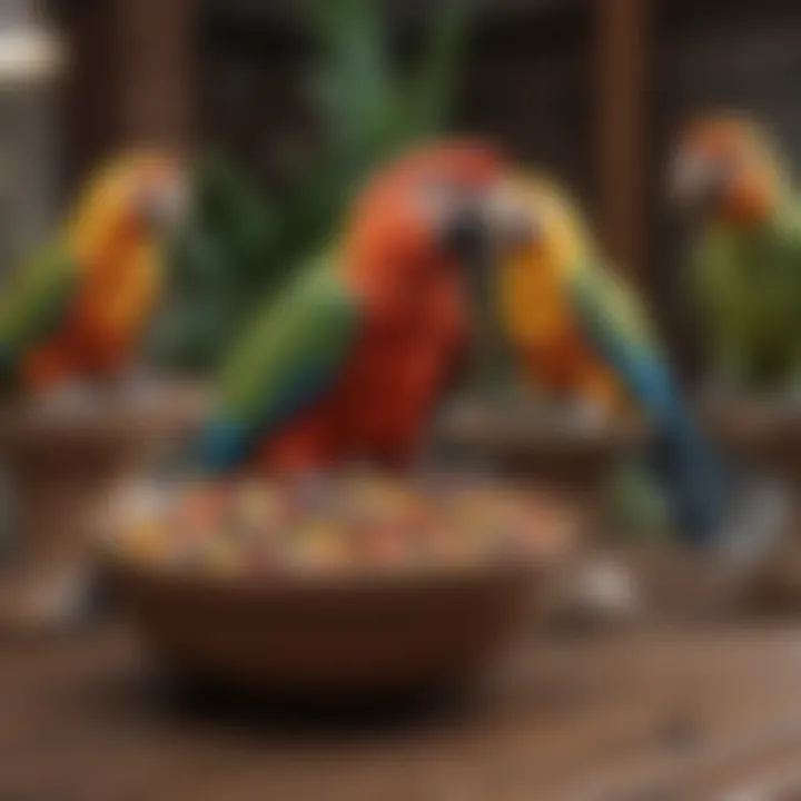 An array of parrot food options displayed in decorative bowls, emphasizing dietary needs