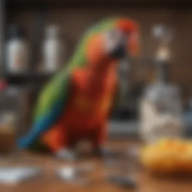 A detailed view of veterinary care essentials for a parrot, like check-up tools