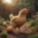 A healthy 6 week old chicken exploring its environment