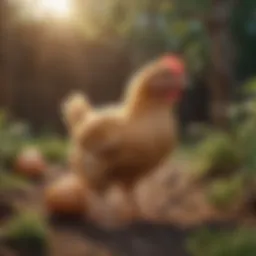 A healthy 6 week old chicken exploring its environment
