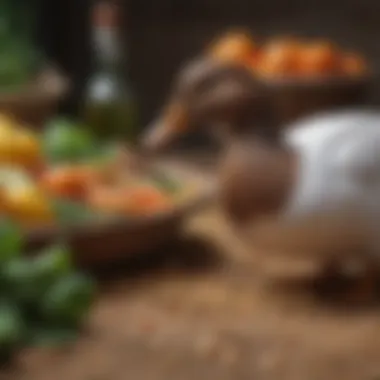 A domestic duck pecking at a variety of grains and vegetables