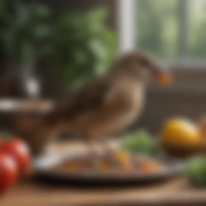 A bird enjoying a balanced meal with fresh produce and seeds