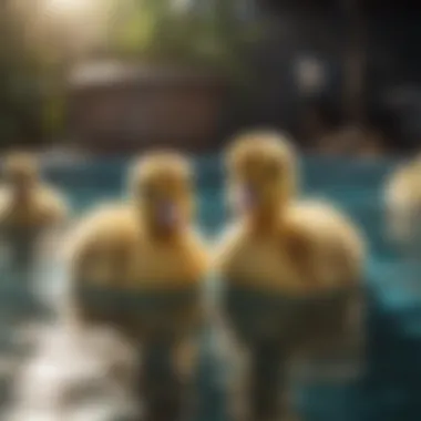 Ducklings happily swimming in a clean pool