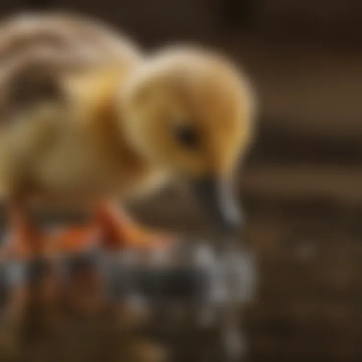 Close-up of a duckling drinking water from a specially designed waterer