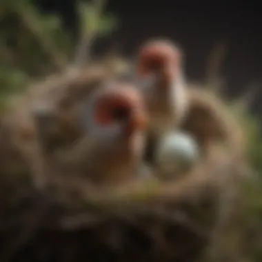 A pair of finches in a nest with eggs