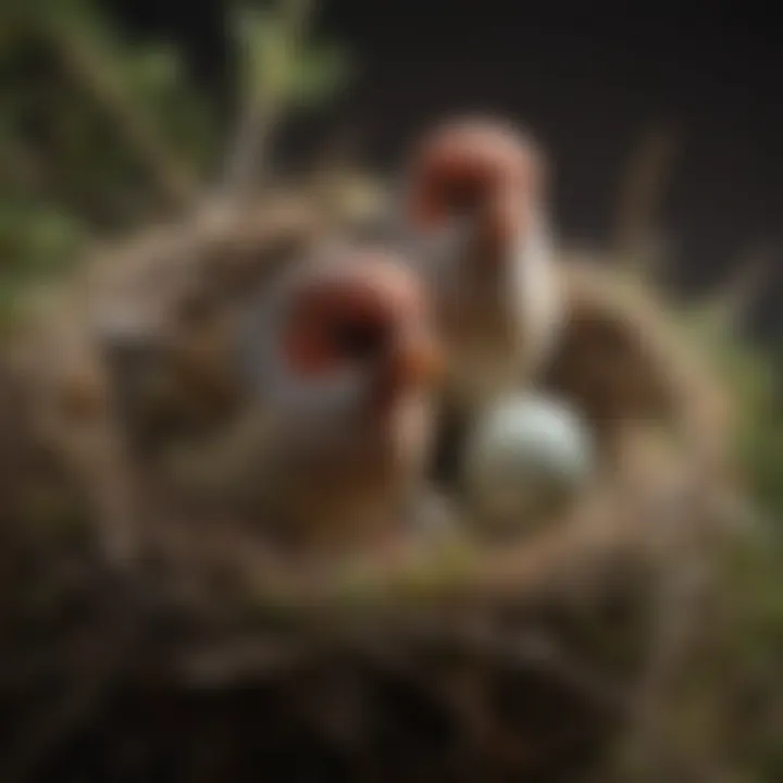 A pair of finches in a nest with eggs