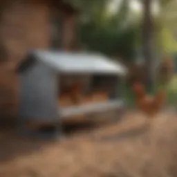 Galvanized chicken feeder in a rustic setting