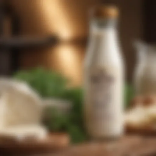 A close-up view of a goat milk bottle filled with creamy milk surrounded by goat cheese and fresh herbs