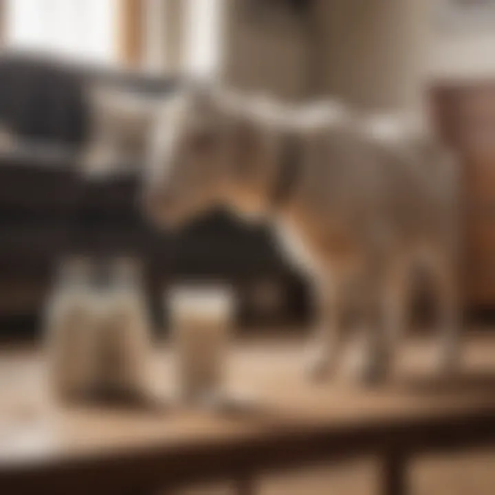 A playful puppy eagerly drinking from a goat milk bottle in a cozy living room setting