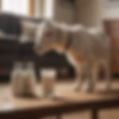 Feeding Pets with Goat Milk A playful puppy eagerly drinking from a goat milk bottle in a cozy living room setting