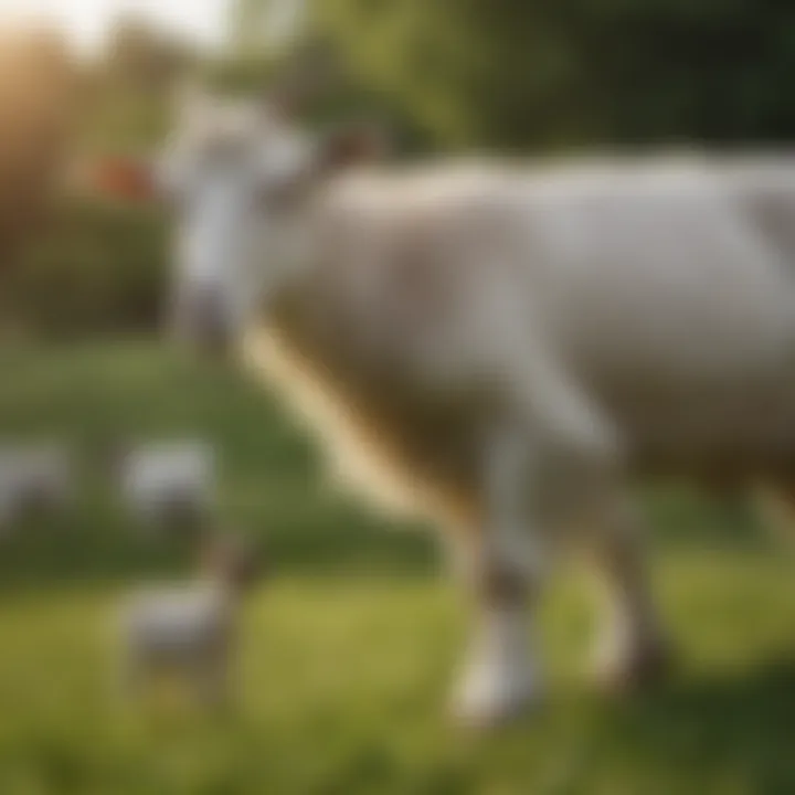 A serene farm scene showcasing healthy goats grazing in a lush pasture.