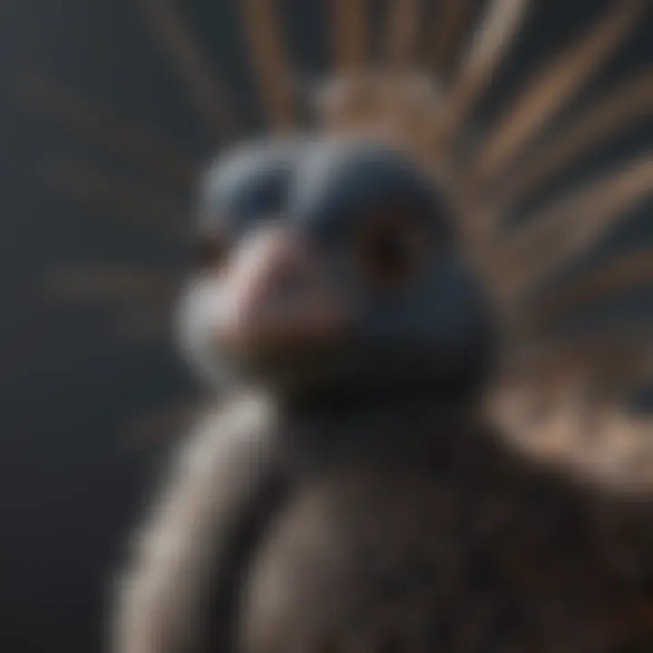 A close-up view of a guineafowl chick showcasing its distinctive feathers and features.