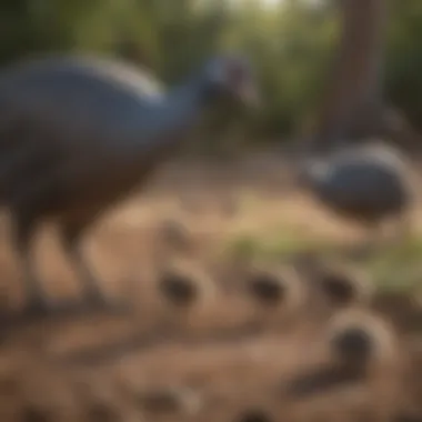 A vibrant outdoor setting with guineafowl chicks exploring their environment.