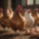 Diverse breeds of hens in a free-range environment