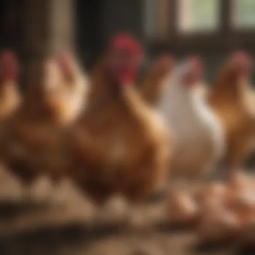 Diverse breeds of hens in a free-range environment