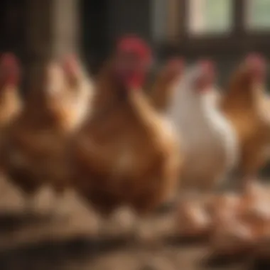 Diverse Breeds of Hens Diverse breeds of hens in a free-range environment