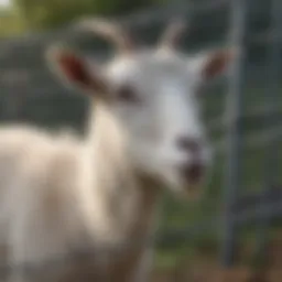 A goat grazing peacefully within a hot wire fenced area