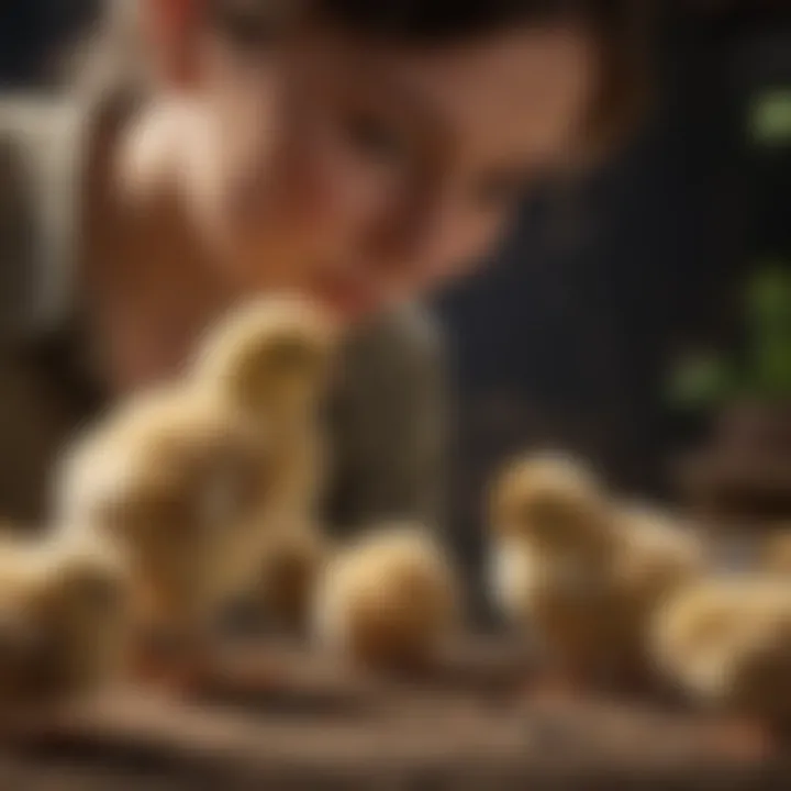 A farmer inspecting quality IFA chicks in a serene environment