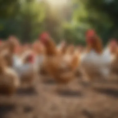 A serene farm scene depicting multiple chicken breeds in a free-range environment.