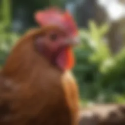 A close-up of a hen in a lush backyard setting, showcasing its feathers and posture.