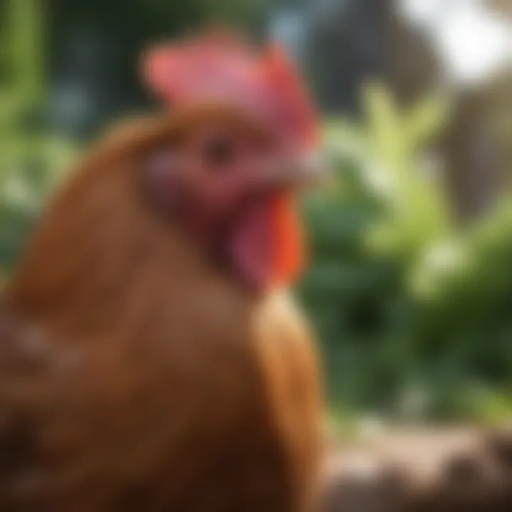 A close-up of a hen in a lush backyard setting, showcasing its feathers and posture.