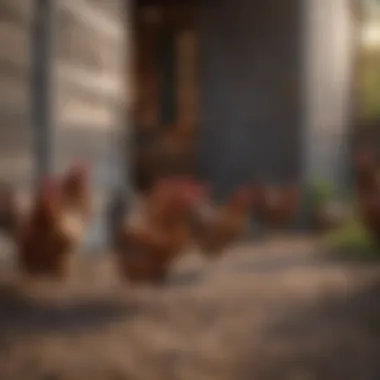 Chickens comfortably roaming outside a coop with a light activated door