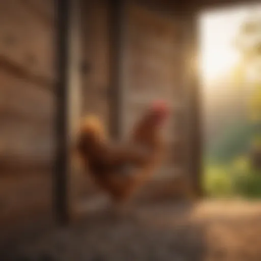 An elegant light activated chicken coop door opening at sunrise