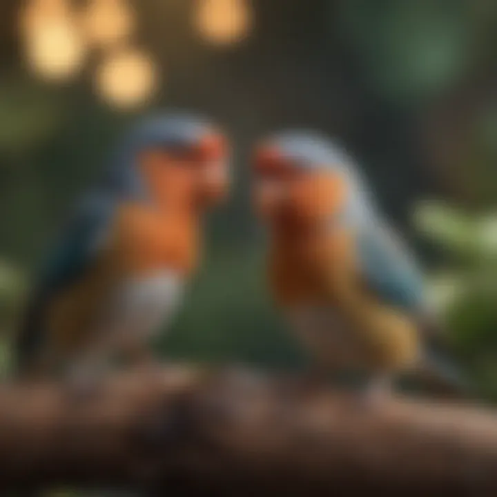 A close-up of love birds interacting playfully