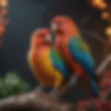 Vibrant love birds perched together showcasing their colors