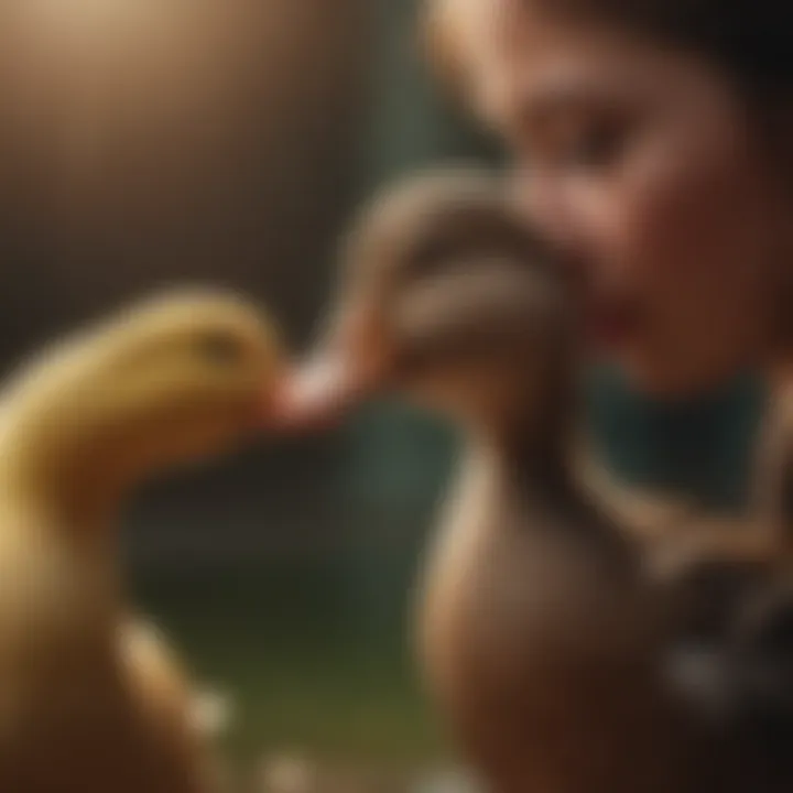 A person interacting gently with a pet duck, showcasing companionship.