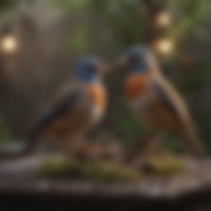 Birds enjoying their habitat inside an outdoor flight cage