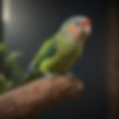 Natural Wood Perch and Care Tips A close-up view of a well-maintained natural wood perch with a parakeet perched on it.