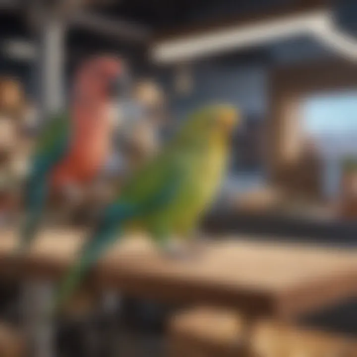 A parakeet owner selecting a perch stand from a variety of options in a pet store.