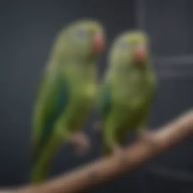 A parakeet cage with strategically placed perches at various heights.