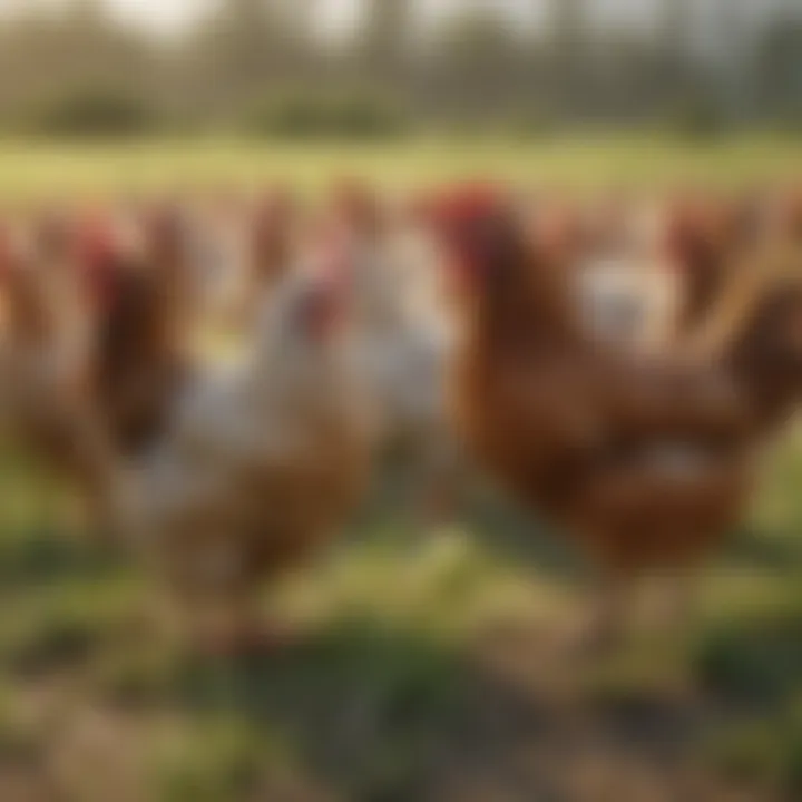 Pasture raised chickens grazing in a field